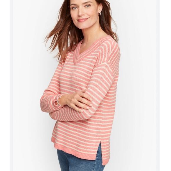 Talbots Womens Pullover Knit Sweater Size M Pink Striped Linen Blend V-Neck Slit - Picture 1 of 9
